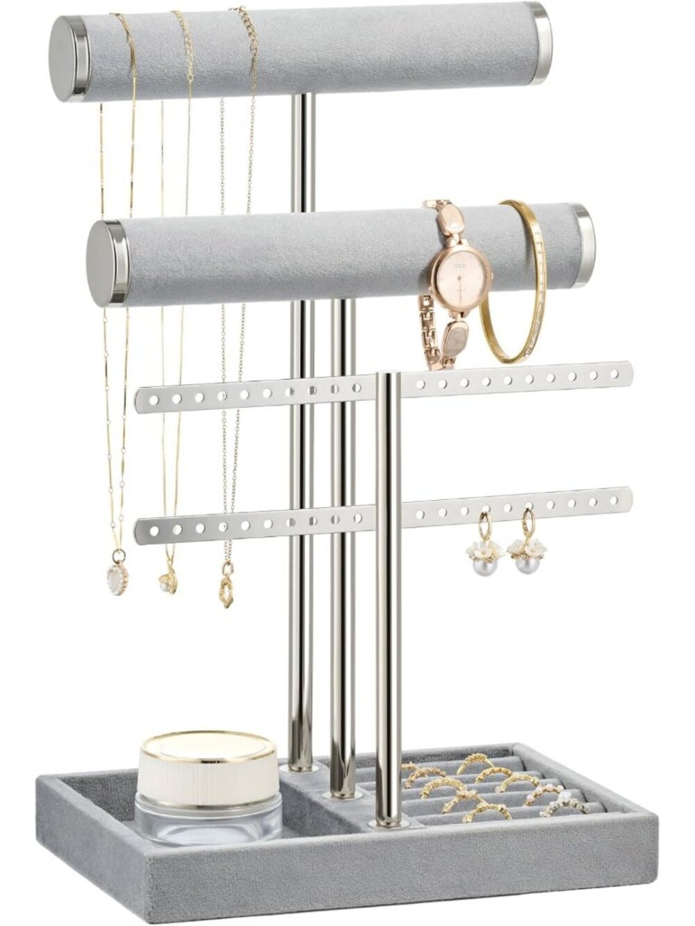 Jewelry Organizer Stand for Necklaces, Bracelets, Earrings & Rings - Grey